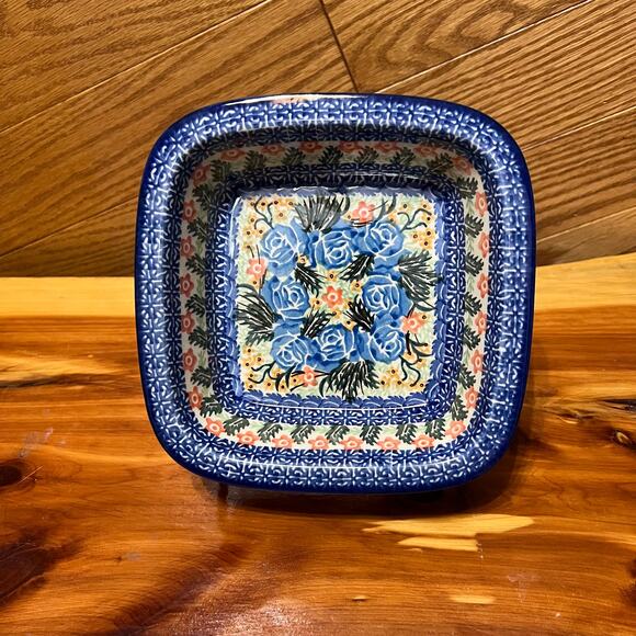 Polish Stoneware Pottery Ceramic UNIKAT Square 1803 Blue Floral Nakoneczna Baker - Picture 2 of 8